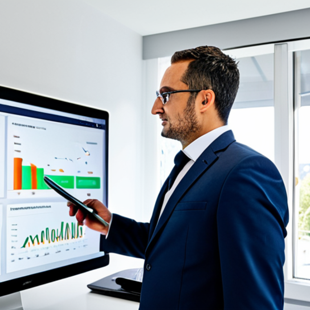 A professional French property manager, a man in a modest business suit, stands confidently in a modern, well-lit office. He is looking at a digital tablet displaying data analytics and building schematics related to energy efficiency upgrades, such as a DPE (Diagnostic de Performance Énergétique). In the background, a large monitor shows a clear, transparent financial report for a *copropriété*. The office reflects a blend of traditional professionalism and innovative Proptech tools. The scene emphasizes competence and forward-thinking management. Perfect anatomy, correct proportions, natural pose, well-formed hands, proper finger count, natural body proportions. Fully clothed, appropriate attire, professional dress, safe for work, appropriate content, professional, family-friendly, high quality photo.