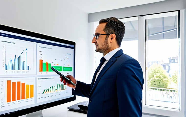 A professional French property manager, a man in a modest business suit, stands confidently in a modern, well-lit office. He is looking at a digital tablet displaying data analytics and building schematics related to energy efficiency upgrades, such as a DPE (Diagnostic de Performance Énergétique). In the background, a large monitor shows a clear, transparent financial report for a *copropriété*. The office reflects a blend of traditional professionalism and innovative Proptech tools. The scene emphasizes competence and forward-thinking management. Perfect anatomy, correct proportions, natural pose, well-formed hands, proper finger count, natural body proportions. Fully clothed, appropriate attire, professional dress, safe for work, appropriate content, professional, family-friendly, high quality photo.