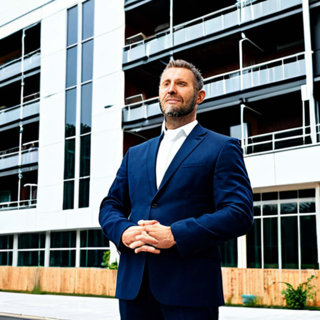 A professional property manager, fully clothed in a modest business suit, stands in front of a modern residential building. The building features clear signs of energy-efficient renovations, such as scaffolding or updated insulation, and an electric vehicle charging station is visible in the foreground. The scene is set in an urban environment with clean lines and contemporary architecture, reflecting a forward-thinking approach to sustainable living. The lighting is bright and clear, conveying a sense of progress and responsibility. Safe for work, appropriate content, fully clothed, professional, perfect anatomy, correct proportions, natural pose, well-formed hands, proper finger count, natural body proportions, professional photography, high quality.