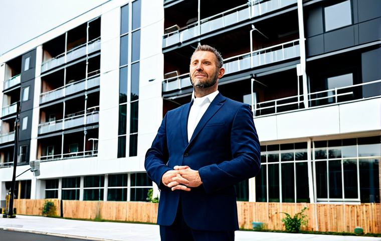 A professional property manager, fully clothed in a modest business suit, stands in front of a modern residential building. The building features clear signs of energy-efficient renovations, such as scaffolding or updated insulation, and an electric vehicle charging station is visible in the foreground. The scene is set in an urban environment with clean lines and contemporary architecture, reflecting a forward-thinking approach to sustainable living. The lighting is bright and clear, conveying a sense of progress and responsibility. Safe for work, appropriate content, fully clothed, professional, perfect anatomy, correct proportions, natural pose, well-formed hands, proper finger count, natural body proportions, professional photography, high quality.