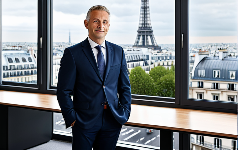 **

"A professional real estate manager in a modest business outfit, standing in a modern Parisian office with large windows overlooking the city, fully clothed, appropriate attire, safe for work, perfect anatomy, natural proportions, professional photography, high quality, family-friendly."

**