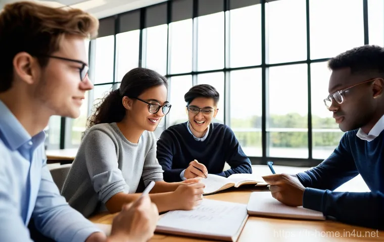 주택관리사 수험생 커뮤니티 활용법 - **Prompt 1: Collaborative Real Estate Study Group**
    "A diverse group of four university students...