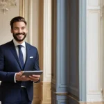 주택관리사와 공동주택 관리 차이 - A professional male "Syndic de Copropriété" (building manager) in a smart suit, smiling confidently,...