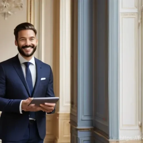 주택관리사와 공동주택 관리 차이 - A professional male "Syndic de Copropriété" (building manager) in a smart suit, smiling confidently,...