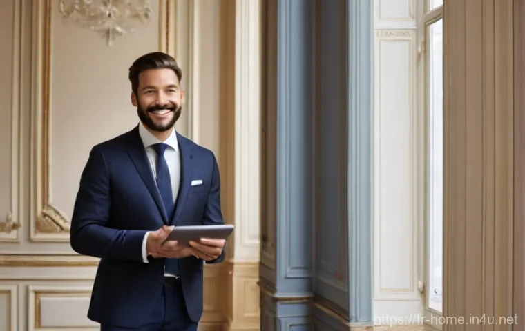 주택관리사와 공동주택 관리 차이 - A professional male "Syndic de Copropriété" (building manager) in a smart suit, smiling confidently,...