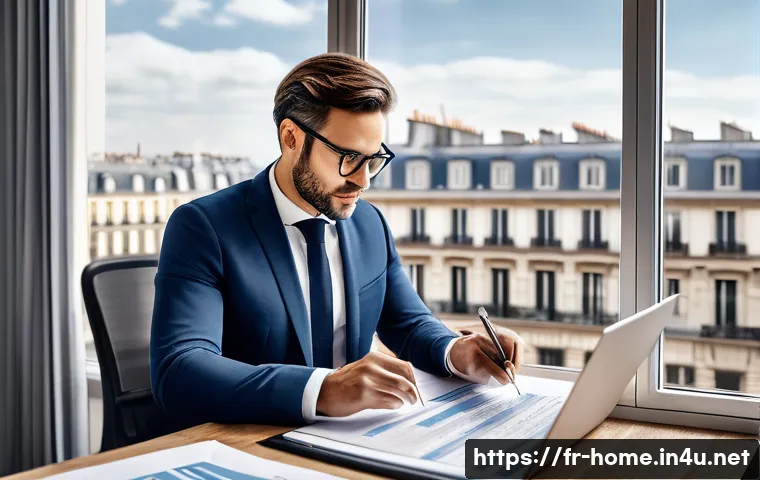 주택관리사 자격증 취득 후 진로 - A professional real estate property manager in a modern Parisian office, wearing smart business atti...