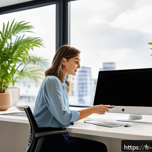 주택관리사 경력 개발 방법 - A modern real estate manager sitting at a sleek desk in a bright office, interacting with multiple d...